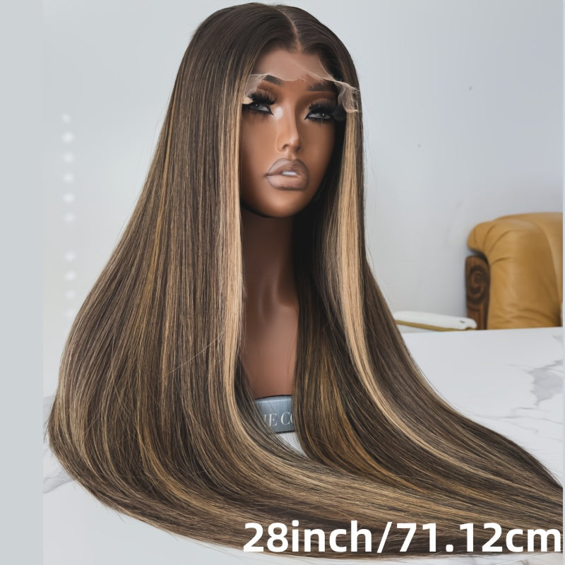 13X4 Highlight Lace Front Wigs 200% Density Balayage Long Straight Wigs Pre Plucked Glueless Brown Lace Front Wigs For Fashion Women Girls Party Vacation Daily Used Valentine'S Day 28inch
